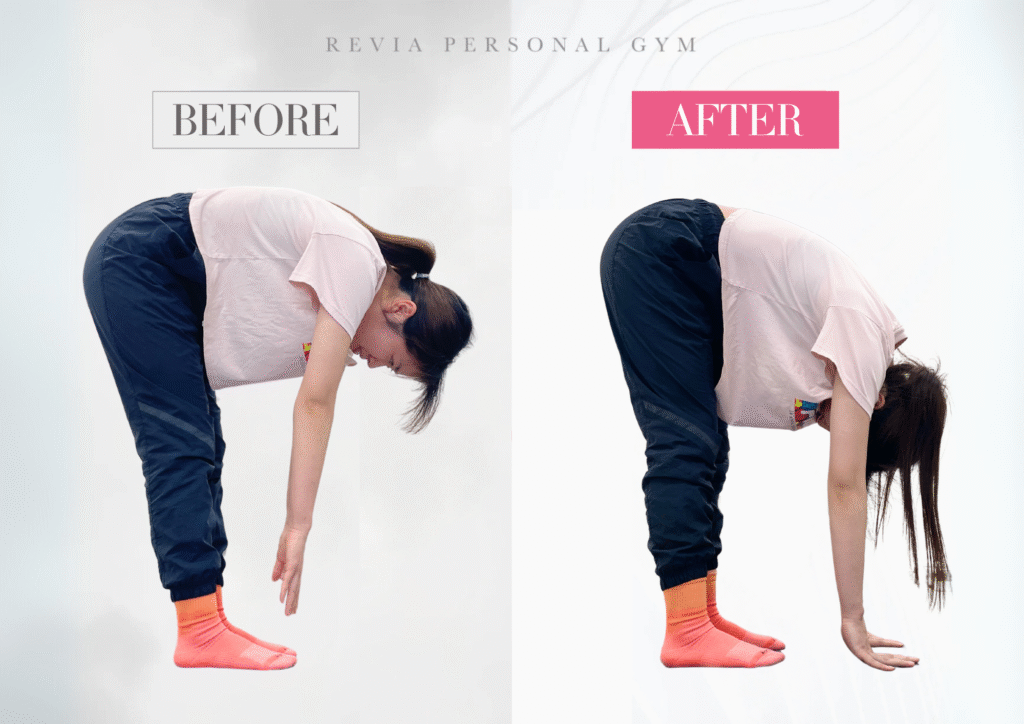 【お客様成果事例】女性専門パーソナルジムREVIA守谷店のお客様、前屈が１回のセッションで手が着くまでに変化！