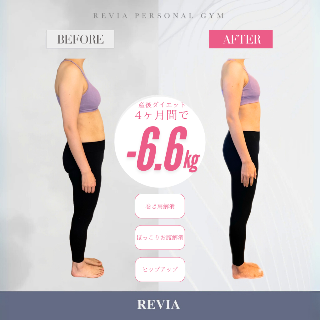 女性専門パーソナルジムREVIAつくば店【ビフォーアフター】産後10ヶ月から4ヶ月で−6.6kg！「今だからこそ」自分の体と向き合ったママのストーリー