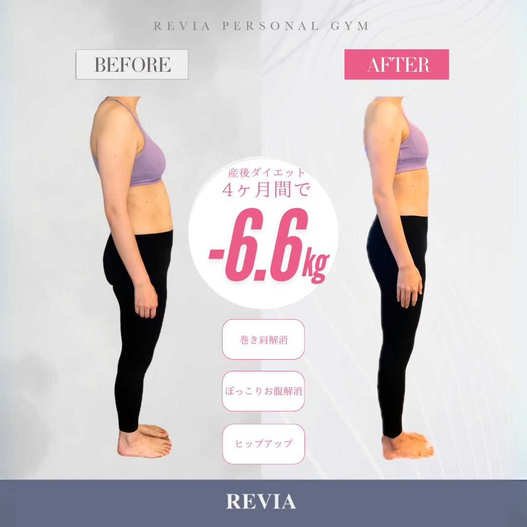 女性専門パーソナルジムREVIAつくば店【ビフォーアフター】産後10ヶ月から4ヶ月で−6.6kg！「今だからこそ」自分の体と向き合ったママのストーリー
